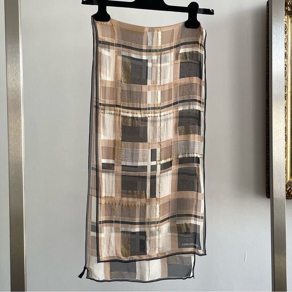 Halston Vintage Gold Metallic Plaid Silk Chiffon Long Scarf - Picture 2 of 8